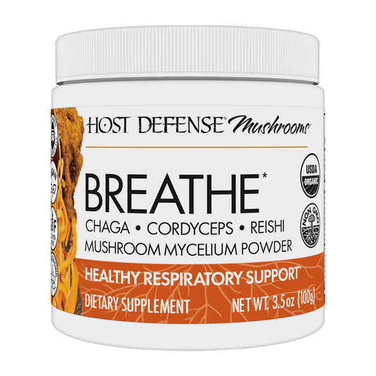 Host Defense Breathe Powder bottle label on a clean background