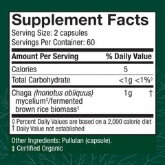 Host Defense Chaga capsules bottle side highlighting gluten-free and non-GMO ingredients