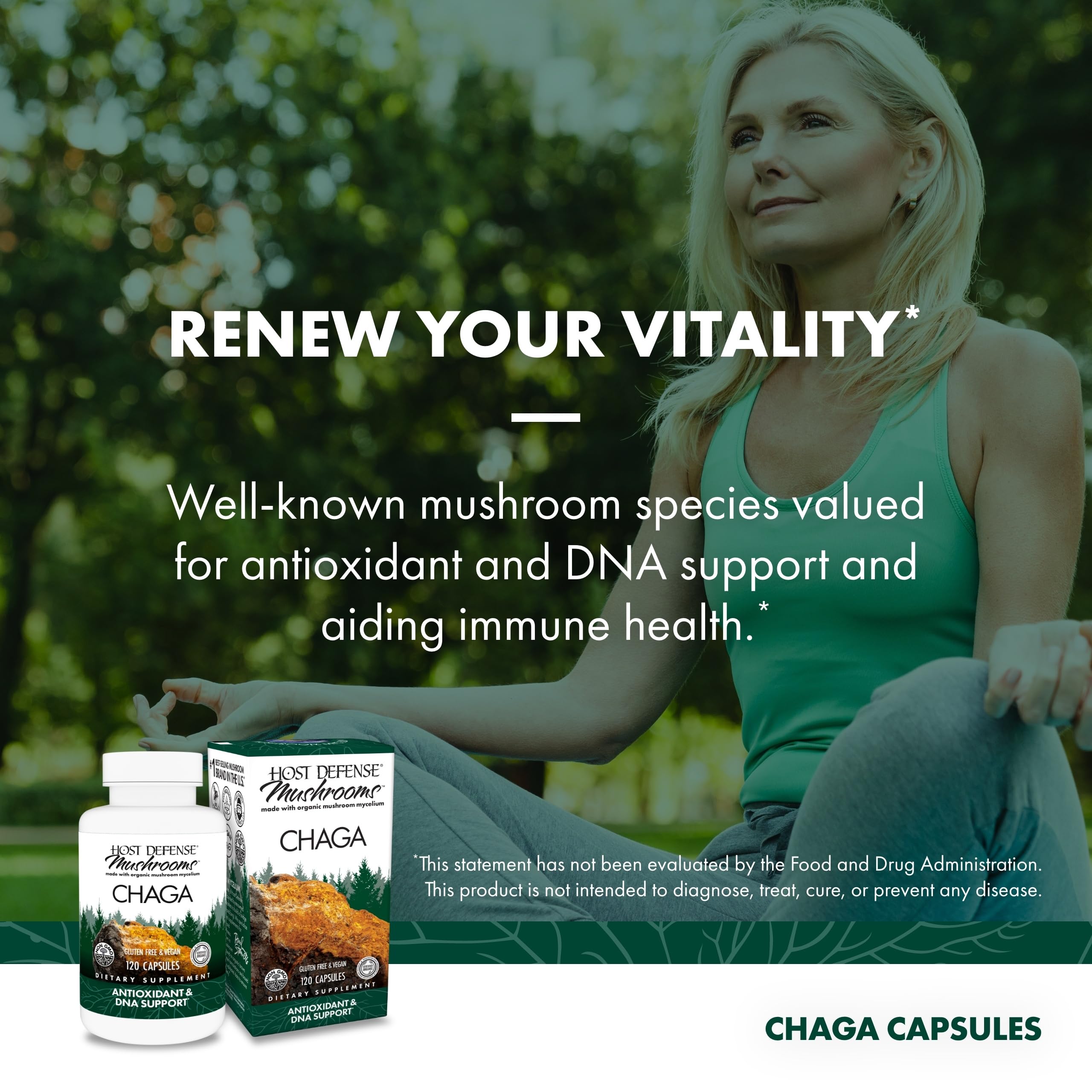Box packaging of Host Defense Chaga capsules for display and gifting