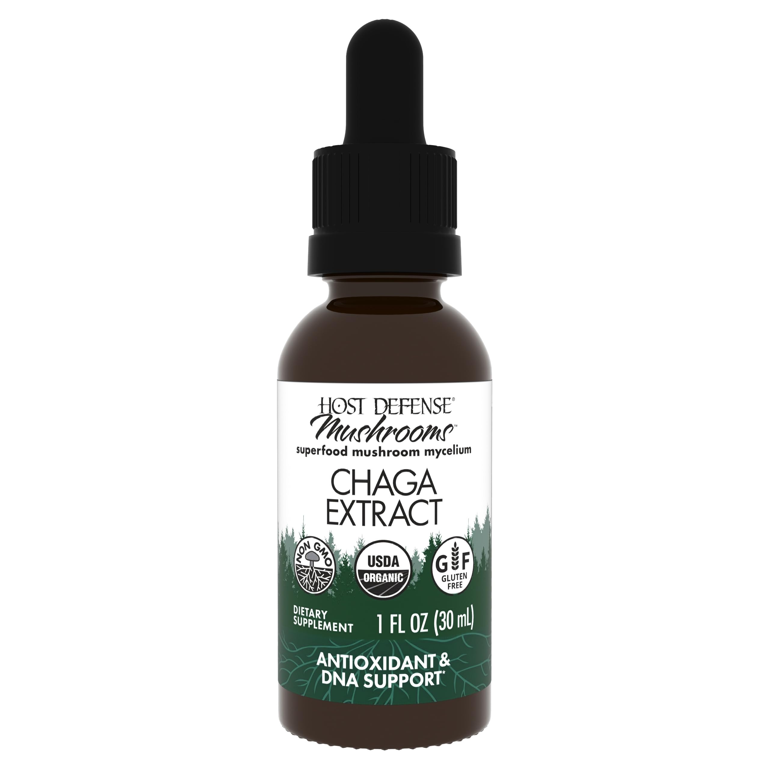 Front view of Host Defense Chaga Extract bottle 1 fl oz