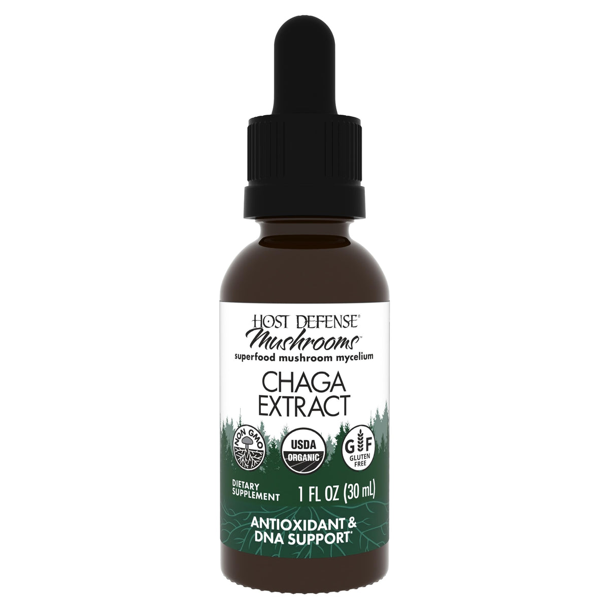 Front view of Host Defense Chaga Extract bottle 1 fl oz