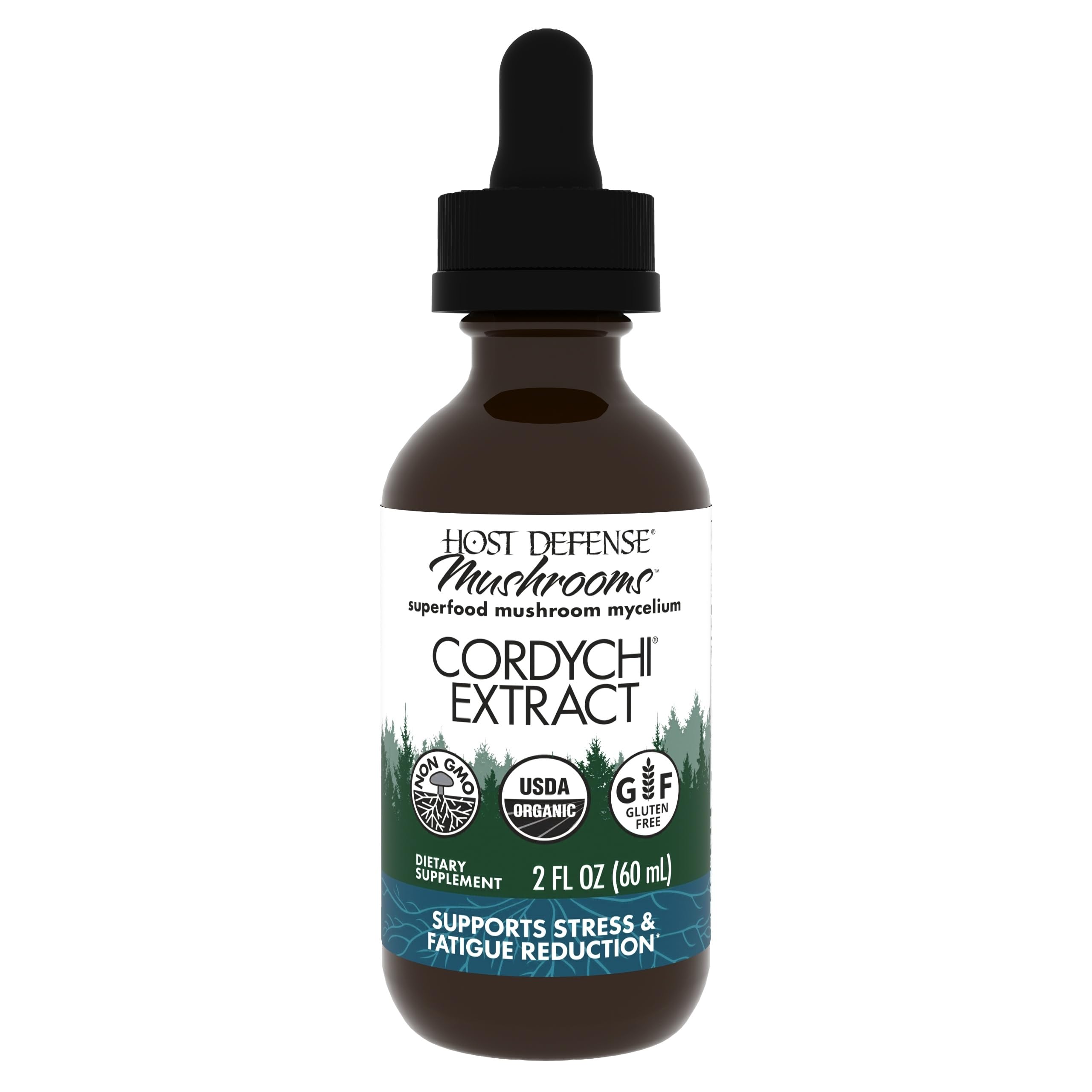 Host Defense CordyChi Extract bottle with dropper label