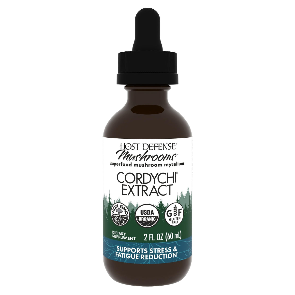 Host Defense CordyChi Extract bottle with dropper label