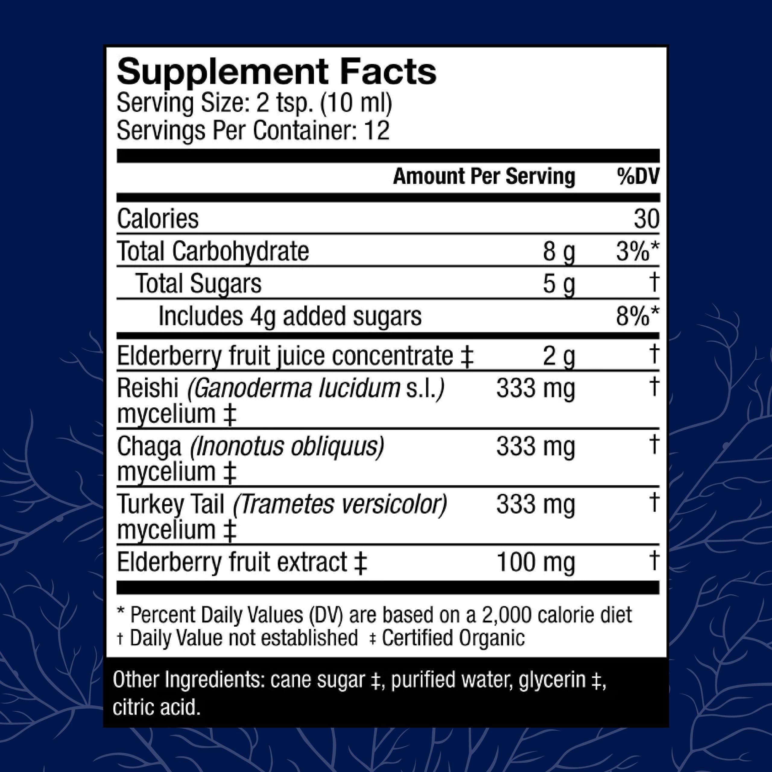 Close-up of Elderberry Plus Syrup label showing 4 fl oz and pack of 2