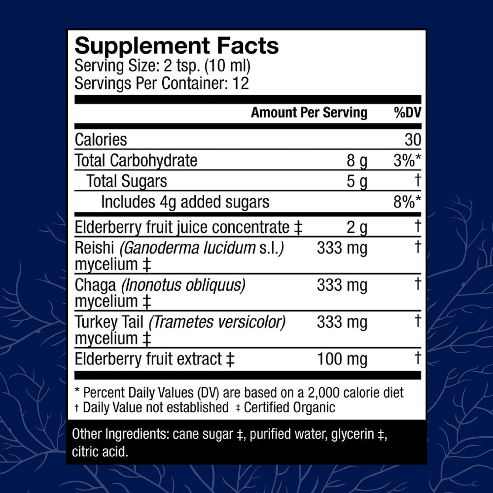 Close-up of Elderberry Plus Syrup label showing 4 fl oz and pack of 2
