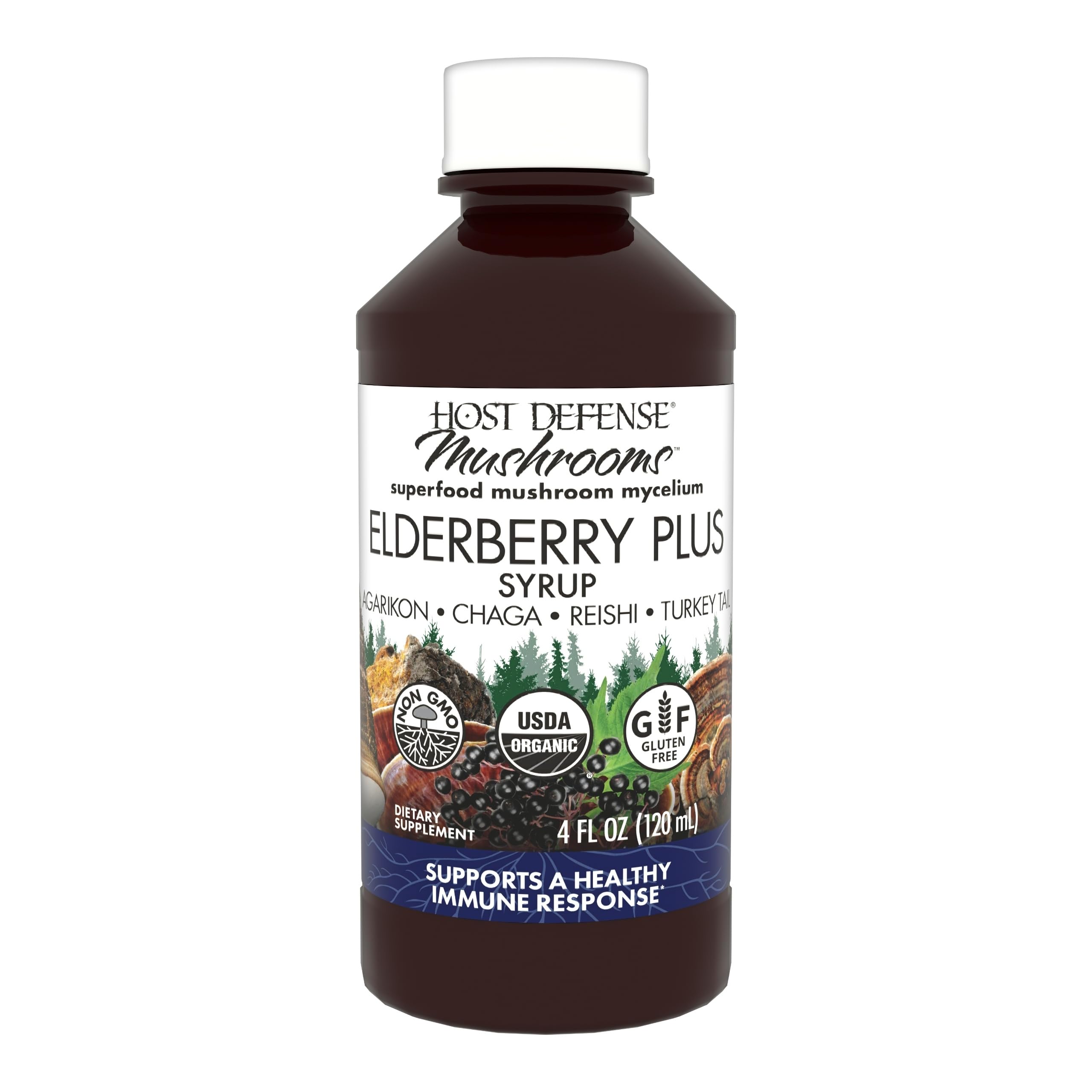 Bottle of Host Defense Elderberry Plus Syrup Immune & Lung Support 4 oz