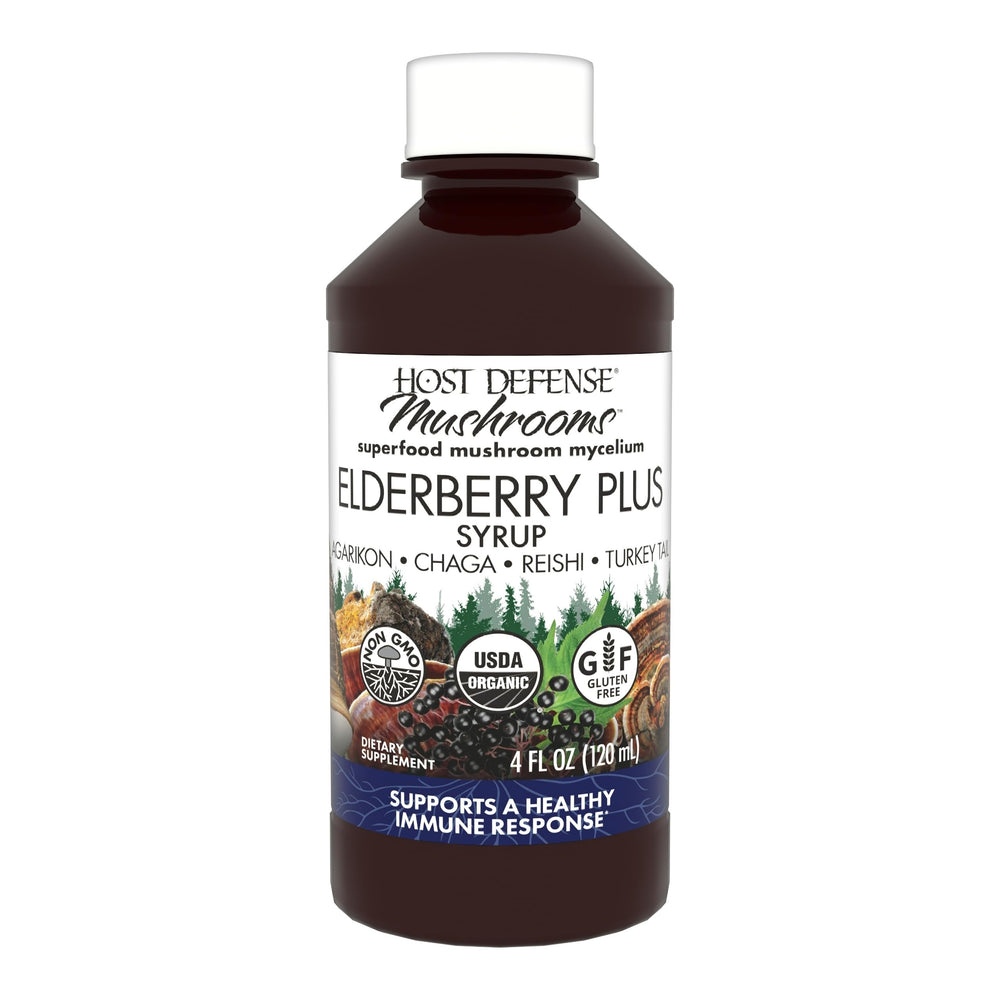 Bottle of Host Defense Elderberry Plus Syrup Immune & Lung Support 4 oz