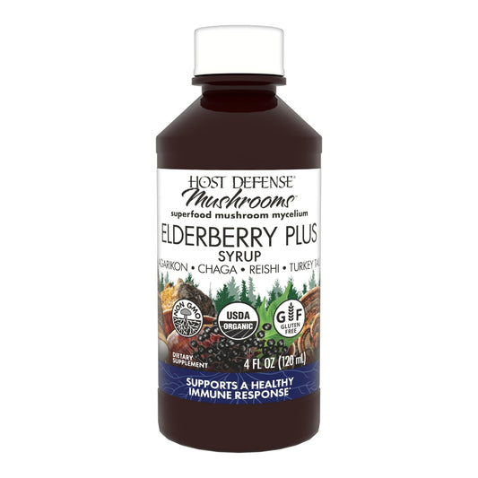 Bottle of Host Defense Elderberry Plus Syrup Immune & Lung Support 4 oz