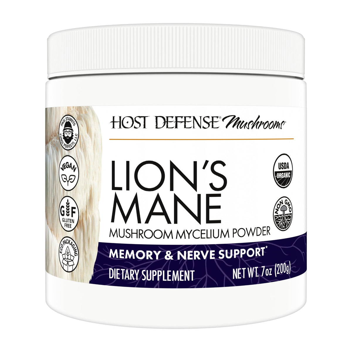 Front view of Host Defense Lion's Mane Powder 7 oz bottle