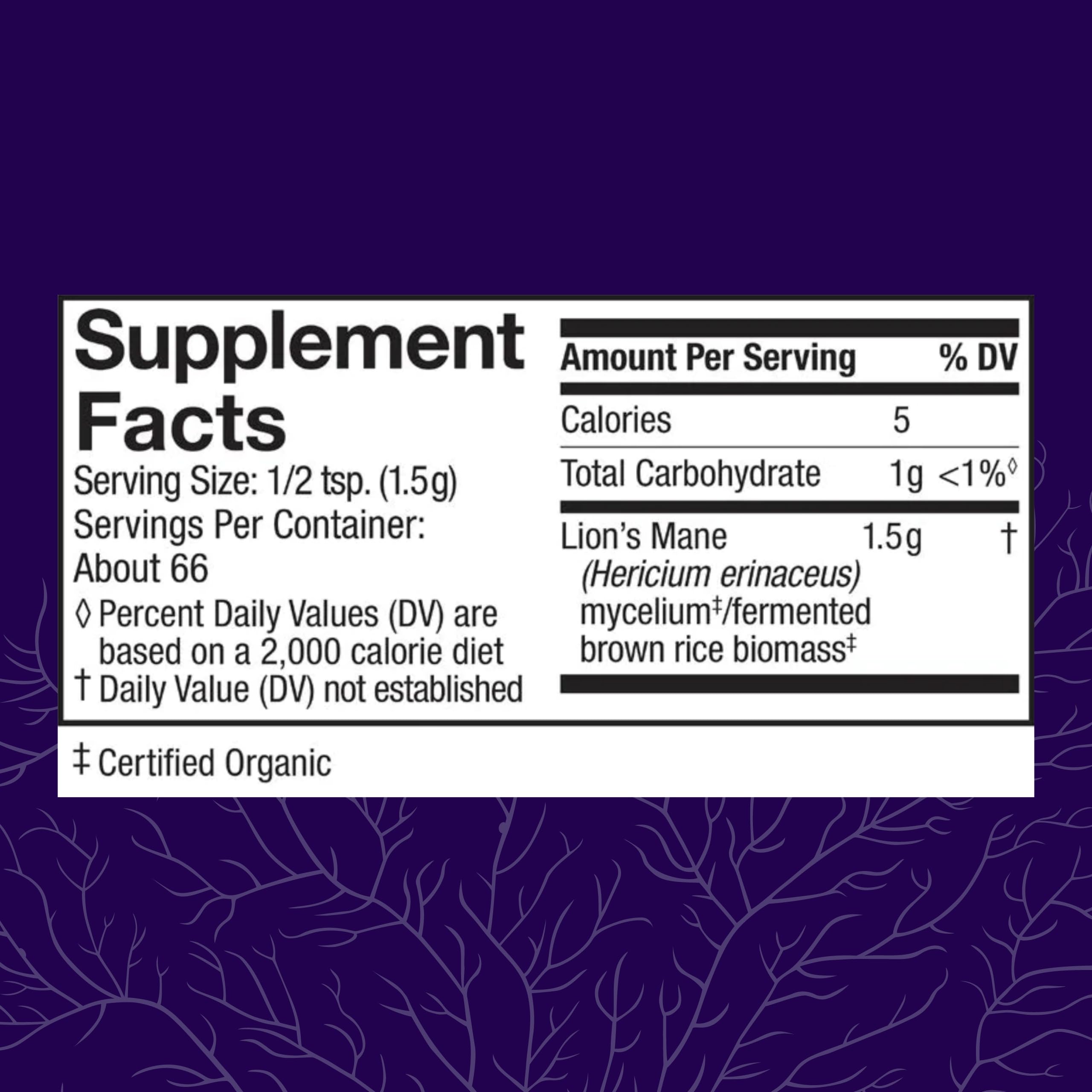Close-up of Host Defense Lion's Mane Powder label