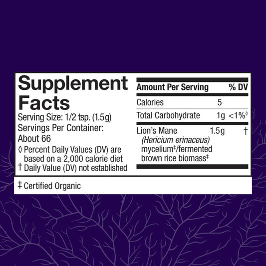 Close-up of Host Defense Lion's Mane Powder label
