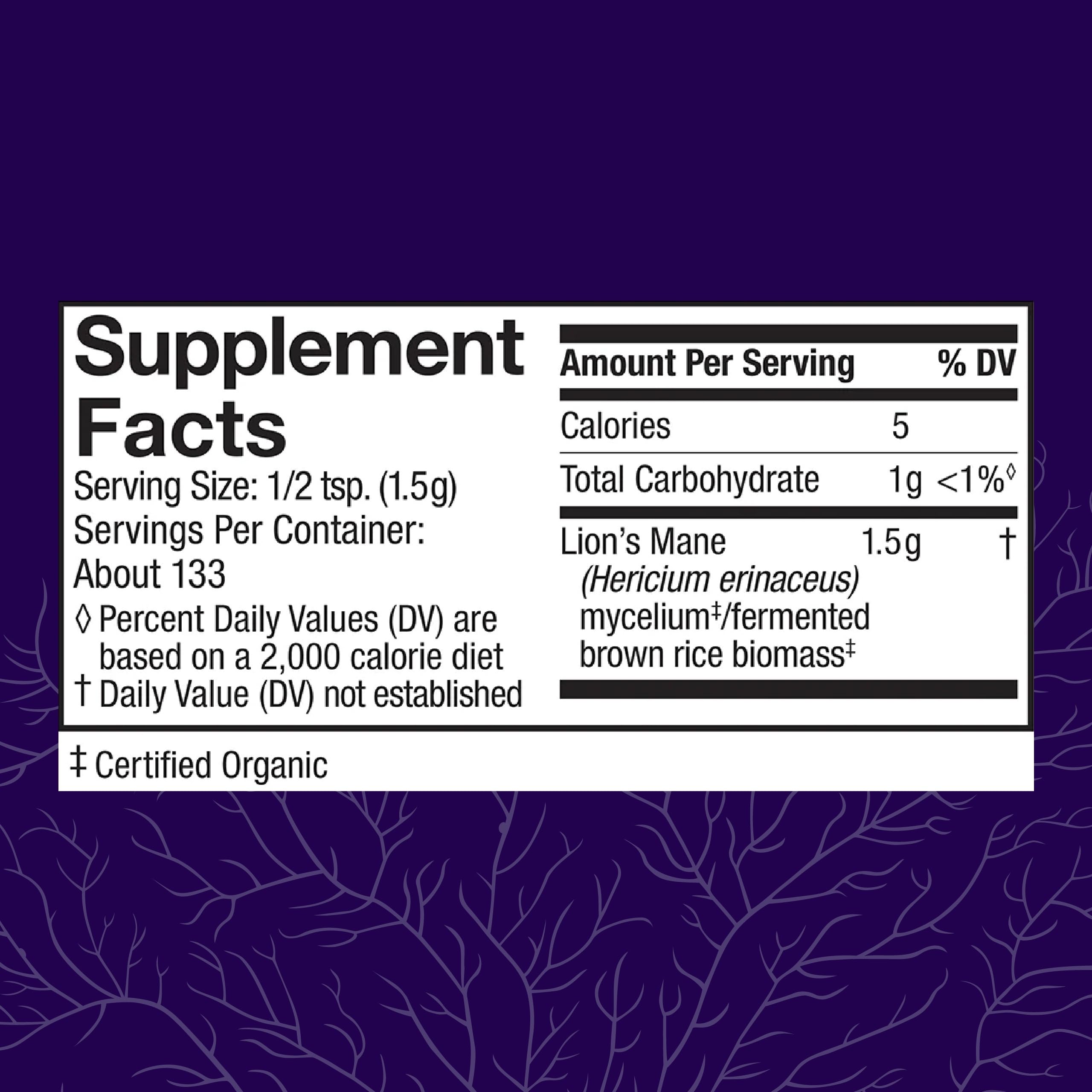 Product label for Host Defense Lion's Mane Powder