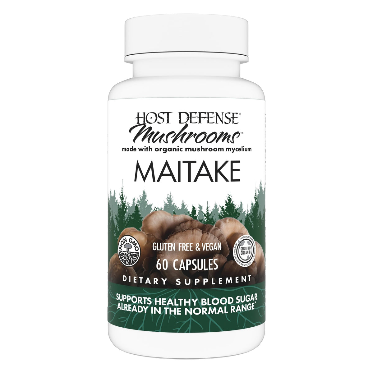 Host Defense Maitake Capsules bottle – 60 capsules for immune and cellular health.