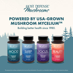 Made in the USA, non-GMO, gluten-free Host Defense Mood Capsules