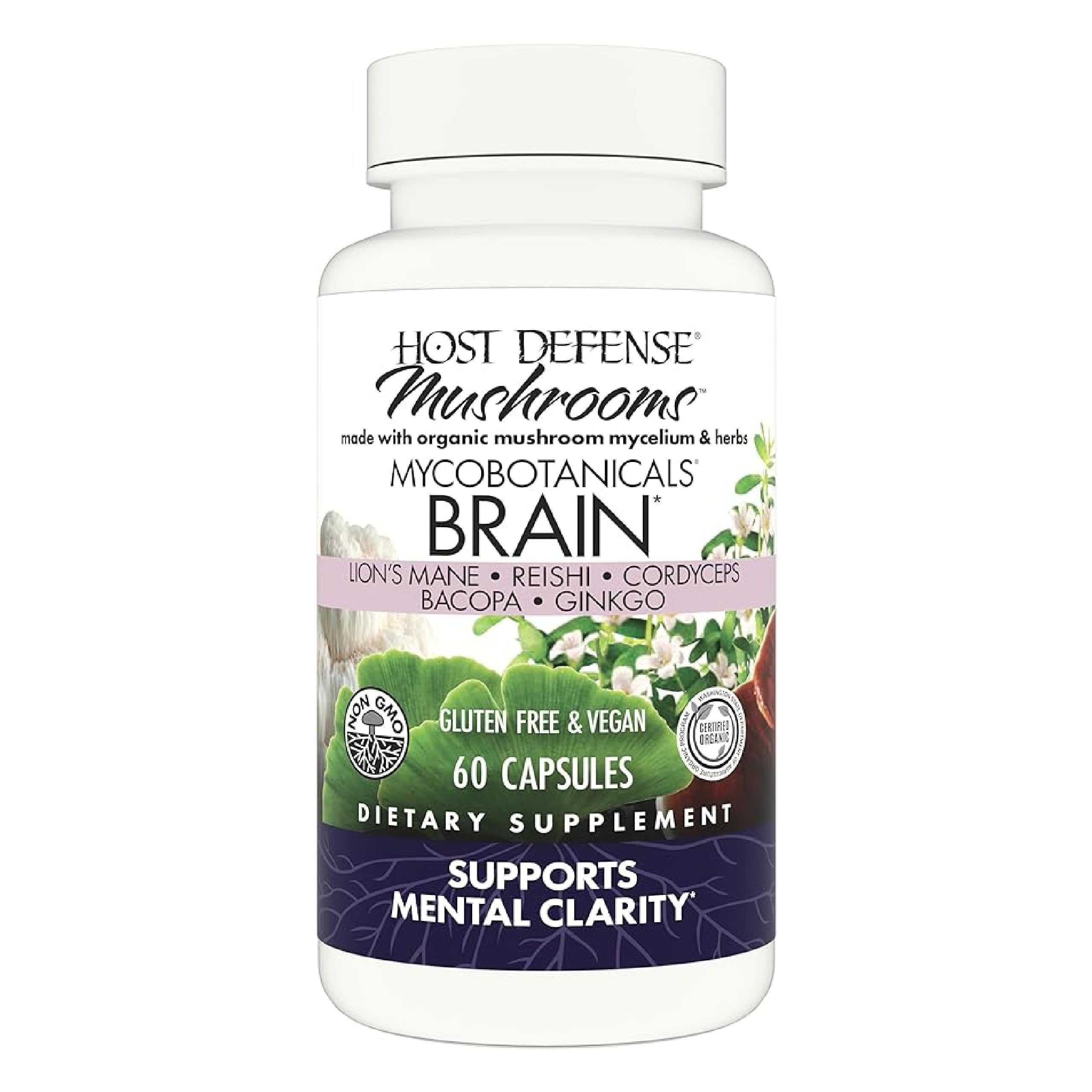 Bottle of Host Defense MycoBotanicals Brain Capsules with label