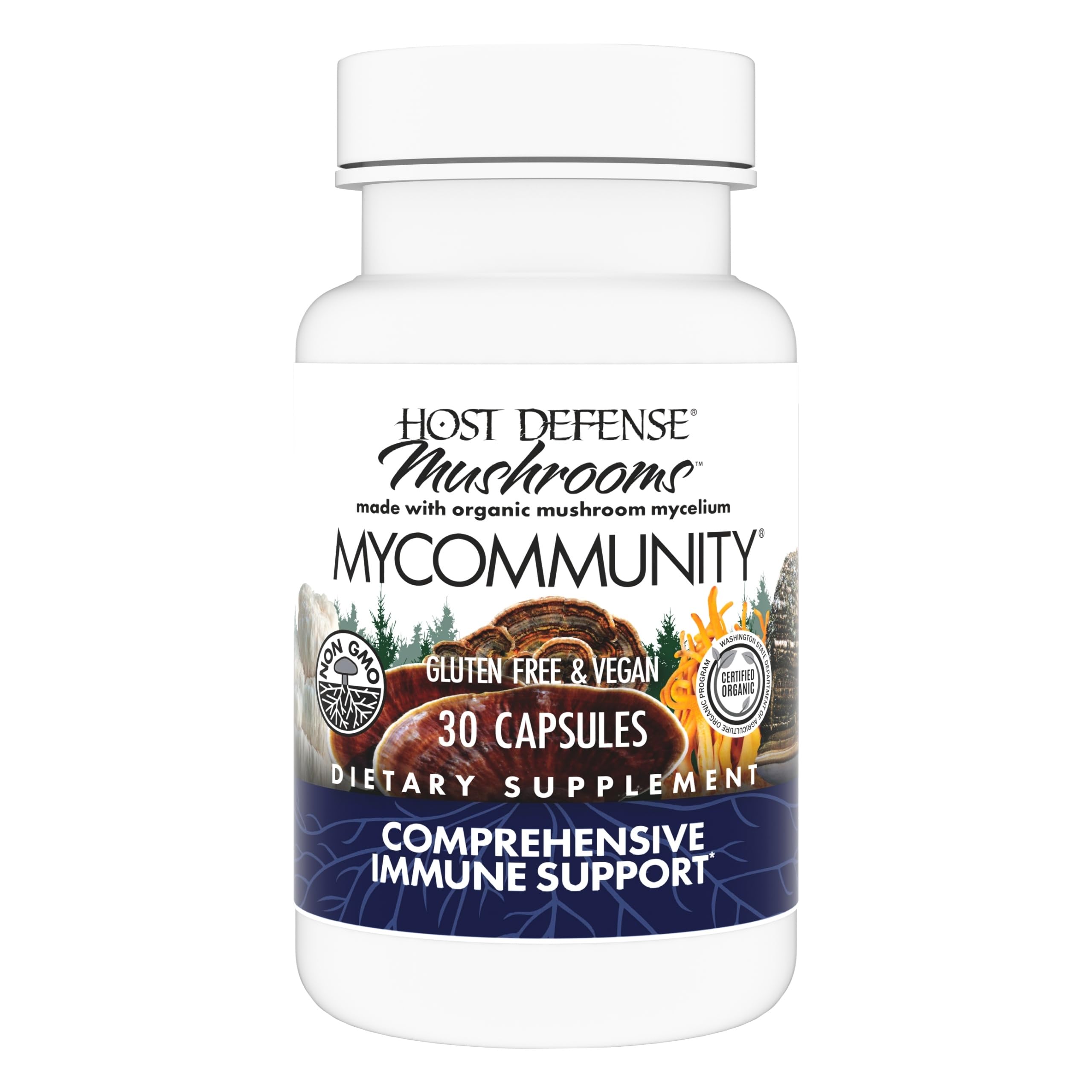 Host Defense MyCommunity Capsules bottle and label on white background