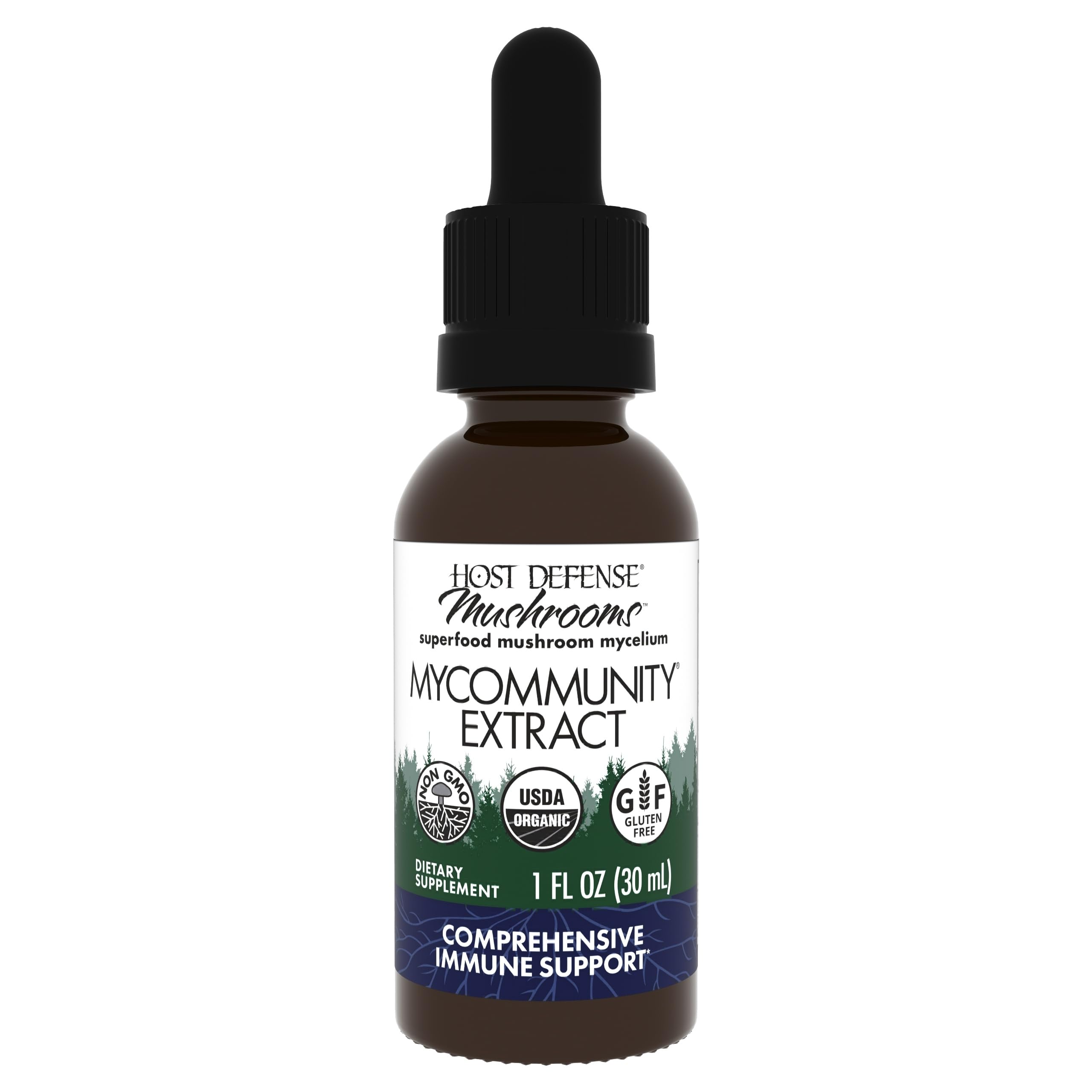 Host Defense MyCommunity Extract bottle with 17-species mushroom blend