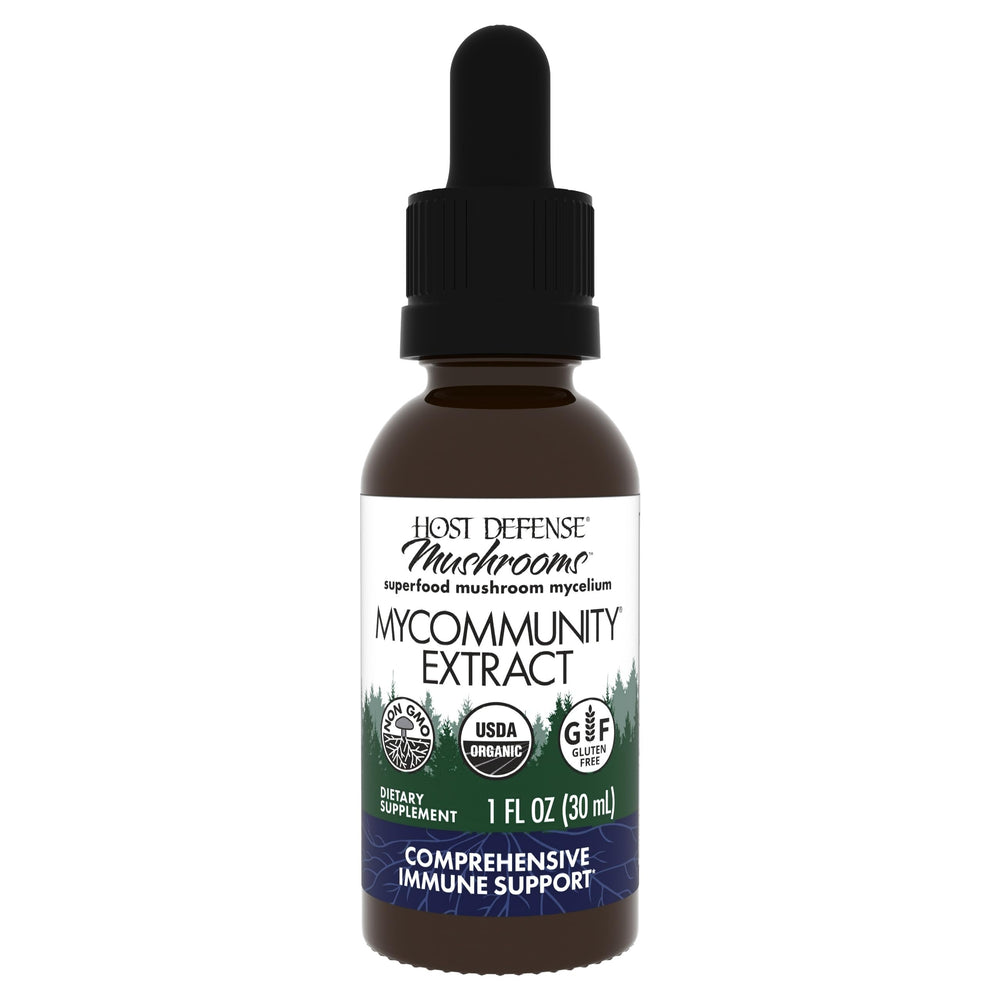 Host Defense MyCommunity Extract bottle with 17-species mushroom blend