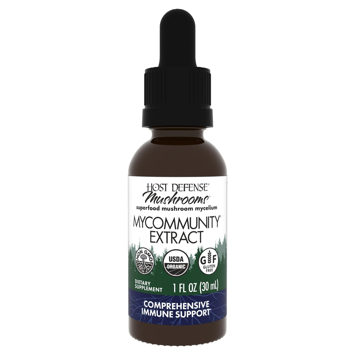 Host Defense MyCommunity Extract bottle with 17-species mushroom blend