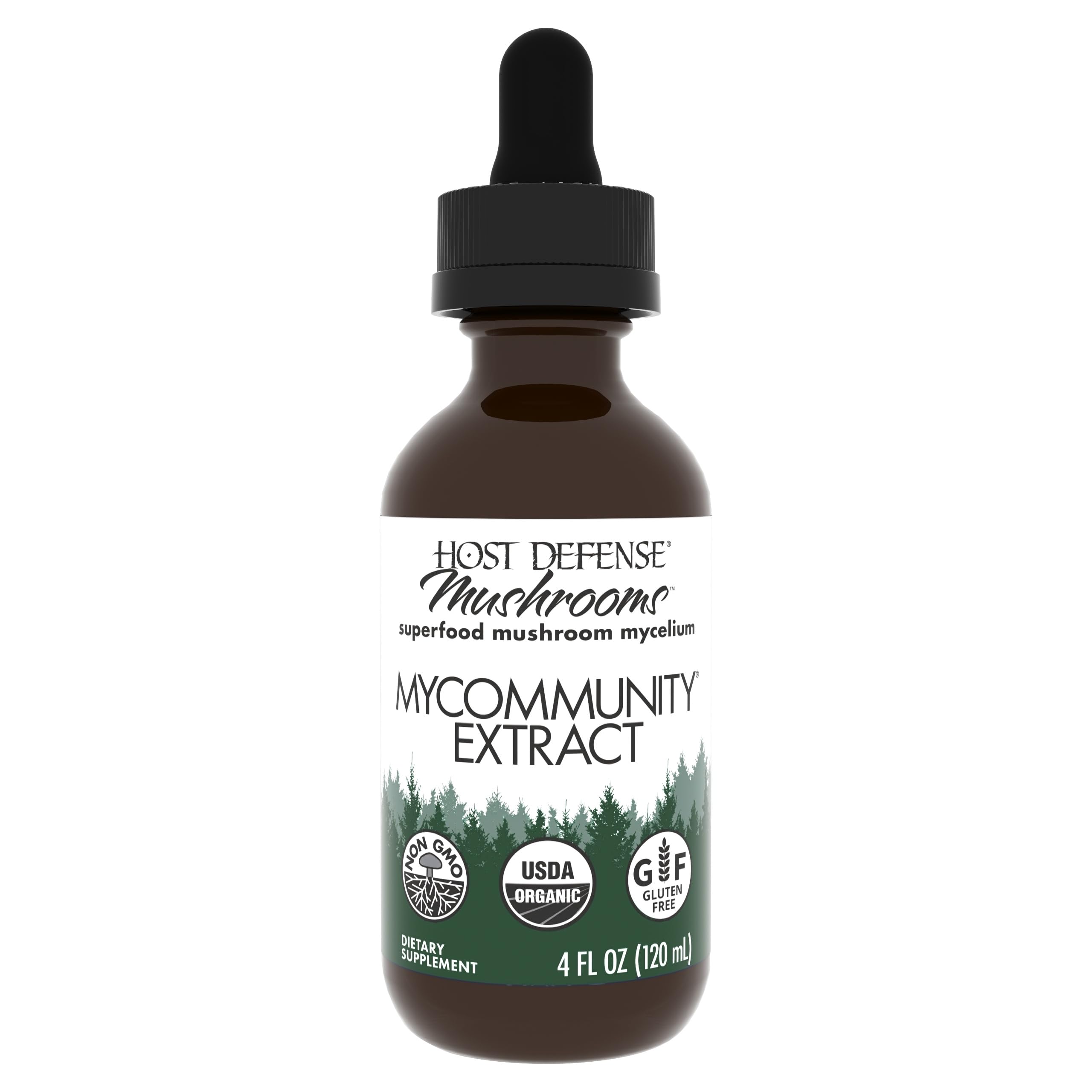 Host Defense MyCommunity Extract bottle front view highlighting the 17-species blend for daily immune support.