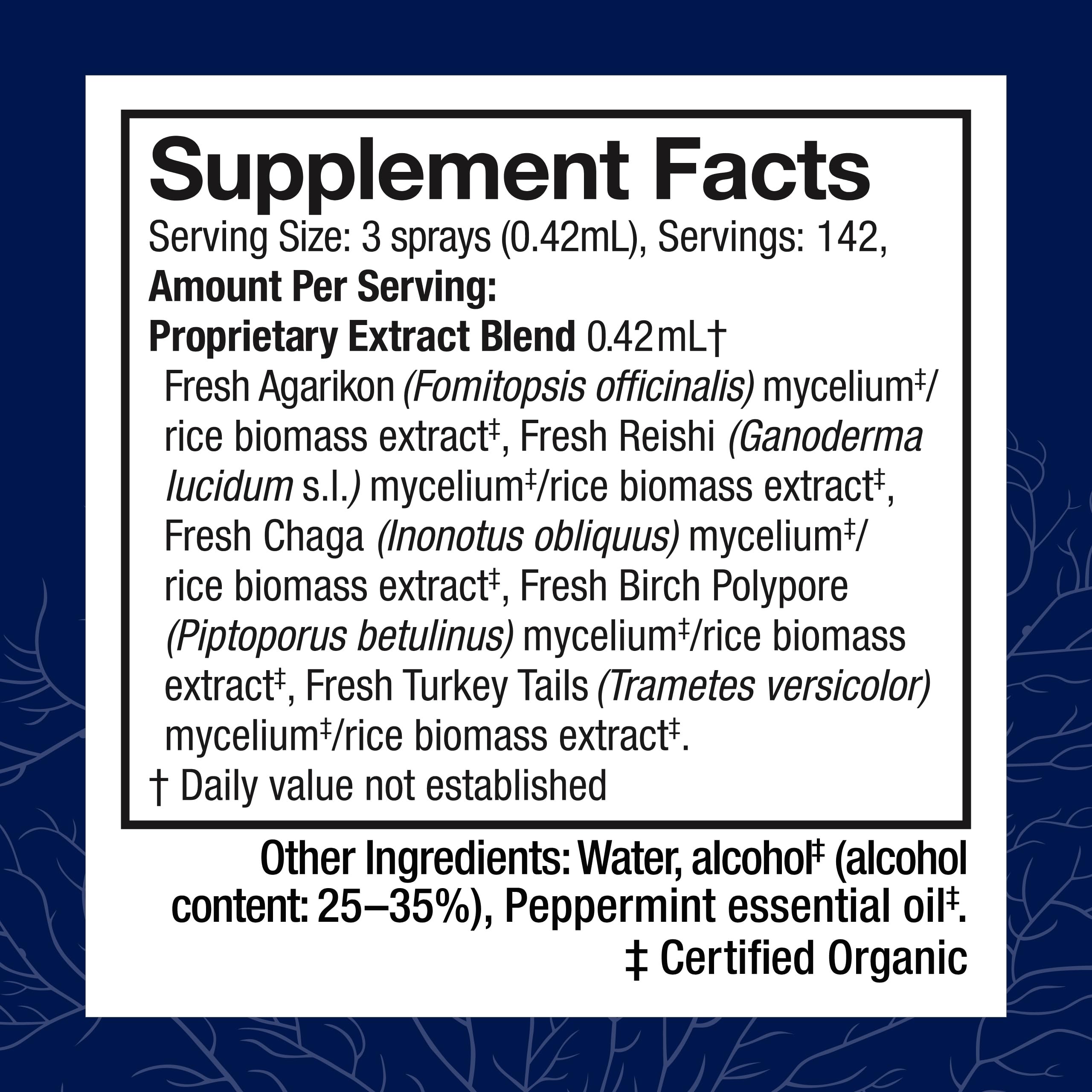 Back label with ingredients on Host Defense MycoShield Throat Spray