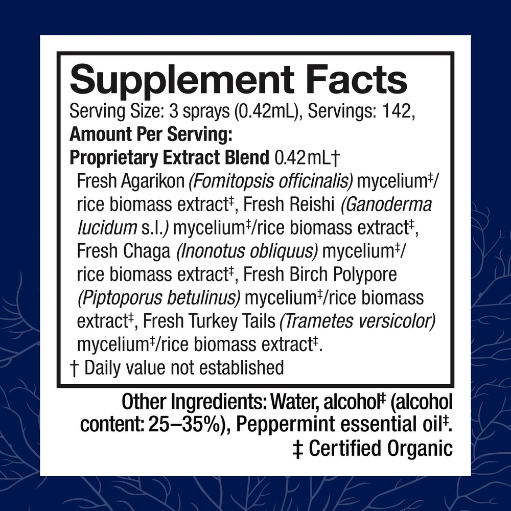 Back label with ingredients on Host Defense MycoShield Throat Spray