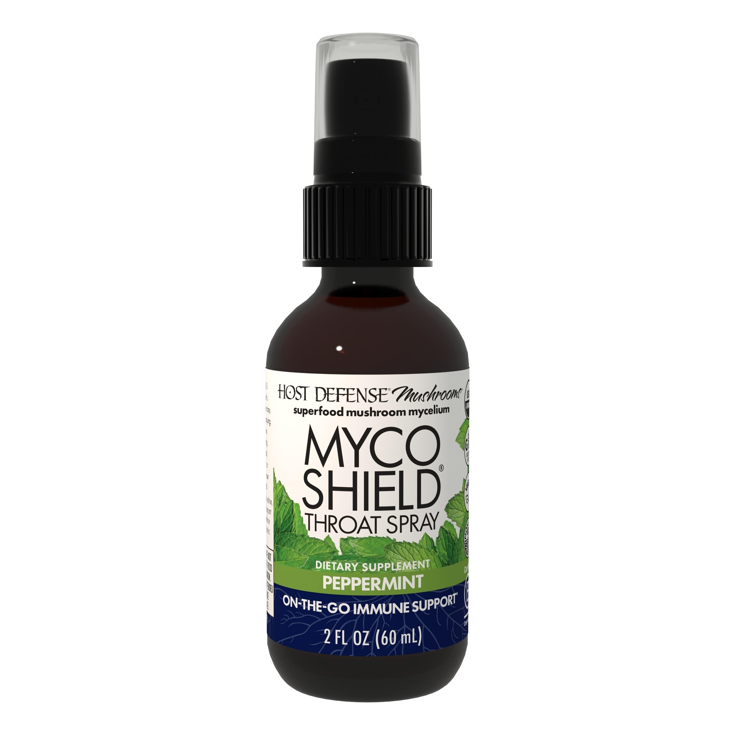 Front view of Host Defense MycoShield Throat Spray bottle