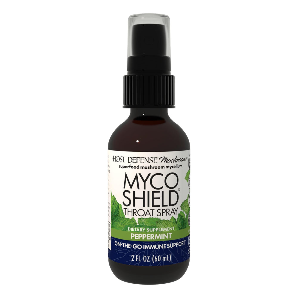 Front view of Host Defense MycoShield Throat Spray bottle