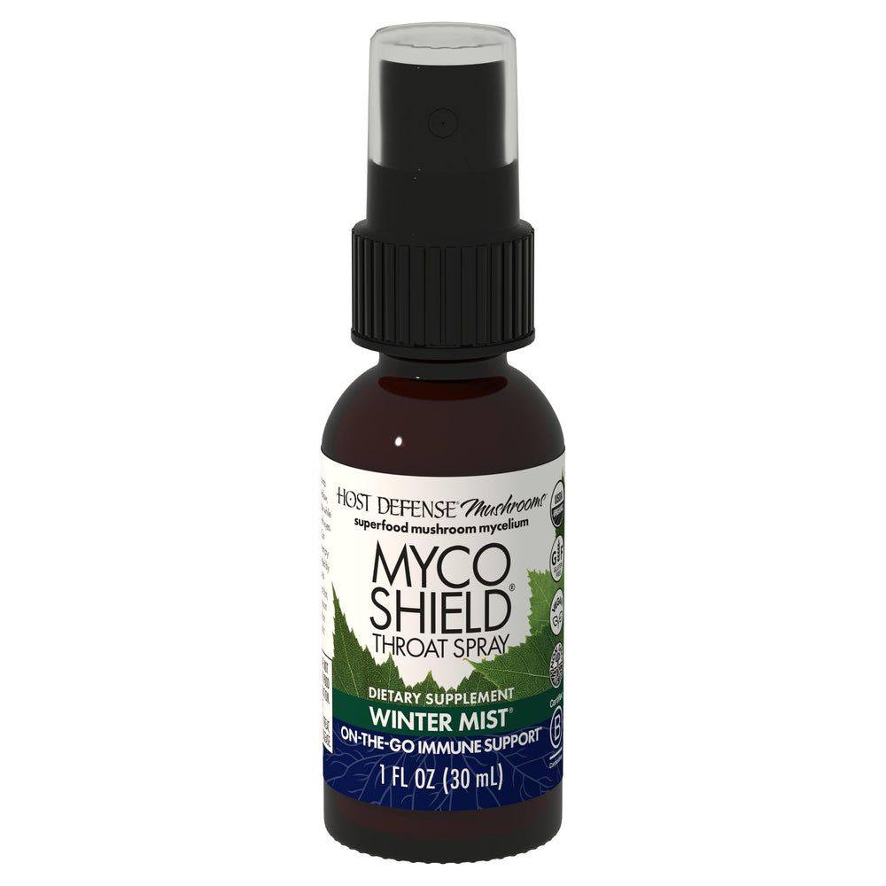 Front view of Host Defense MycoShield Throat Spray bottle