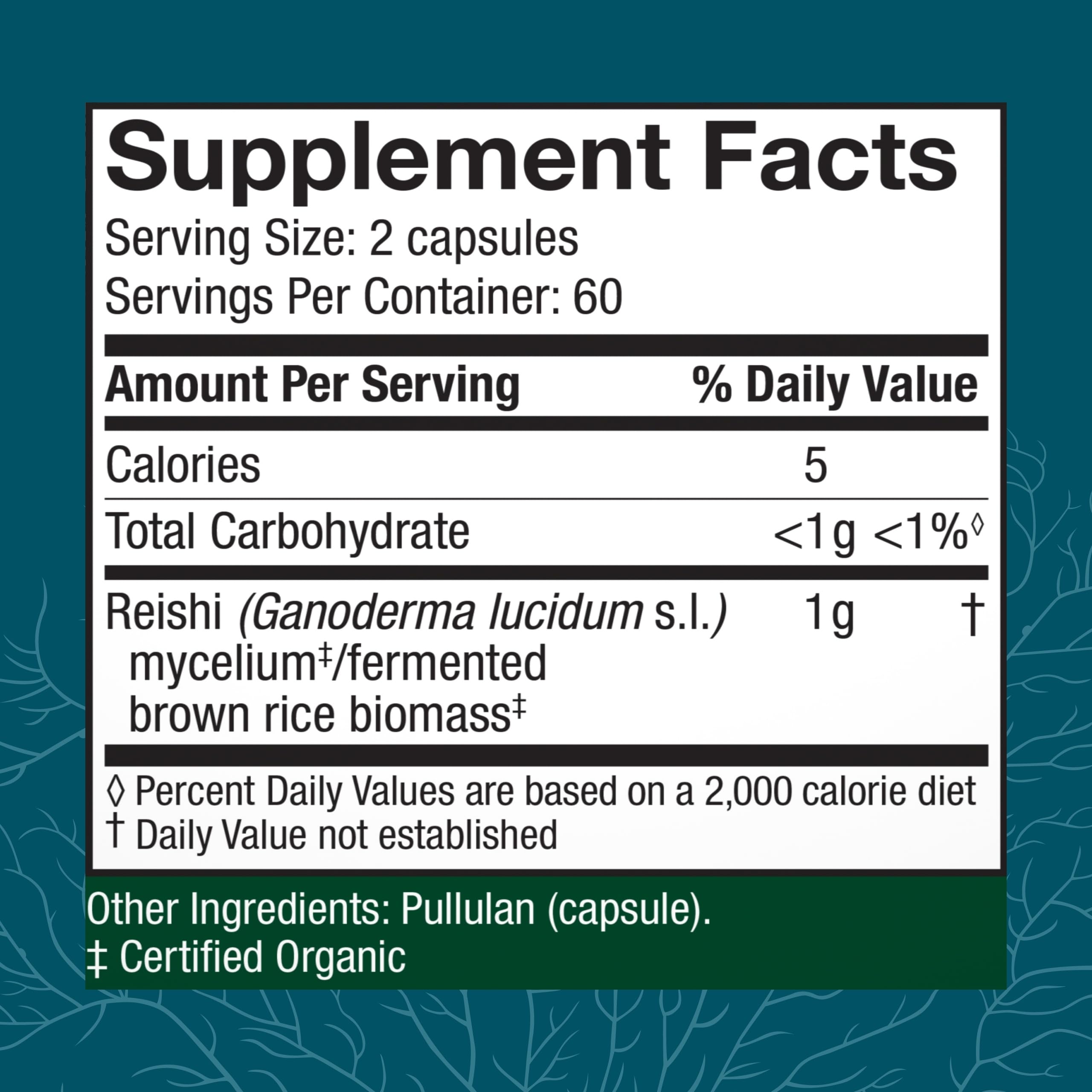 Host Defense Reishi capsules bottle back shows label details and usage guidance.