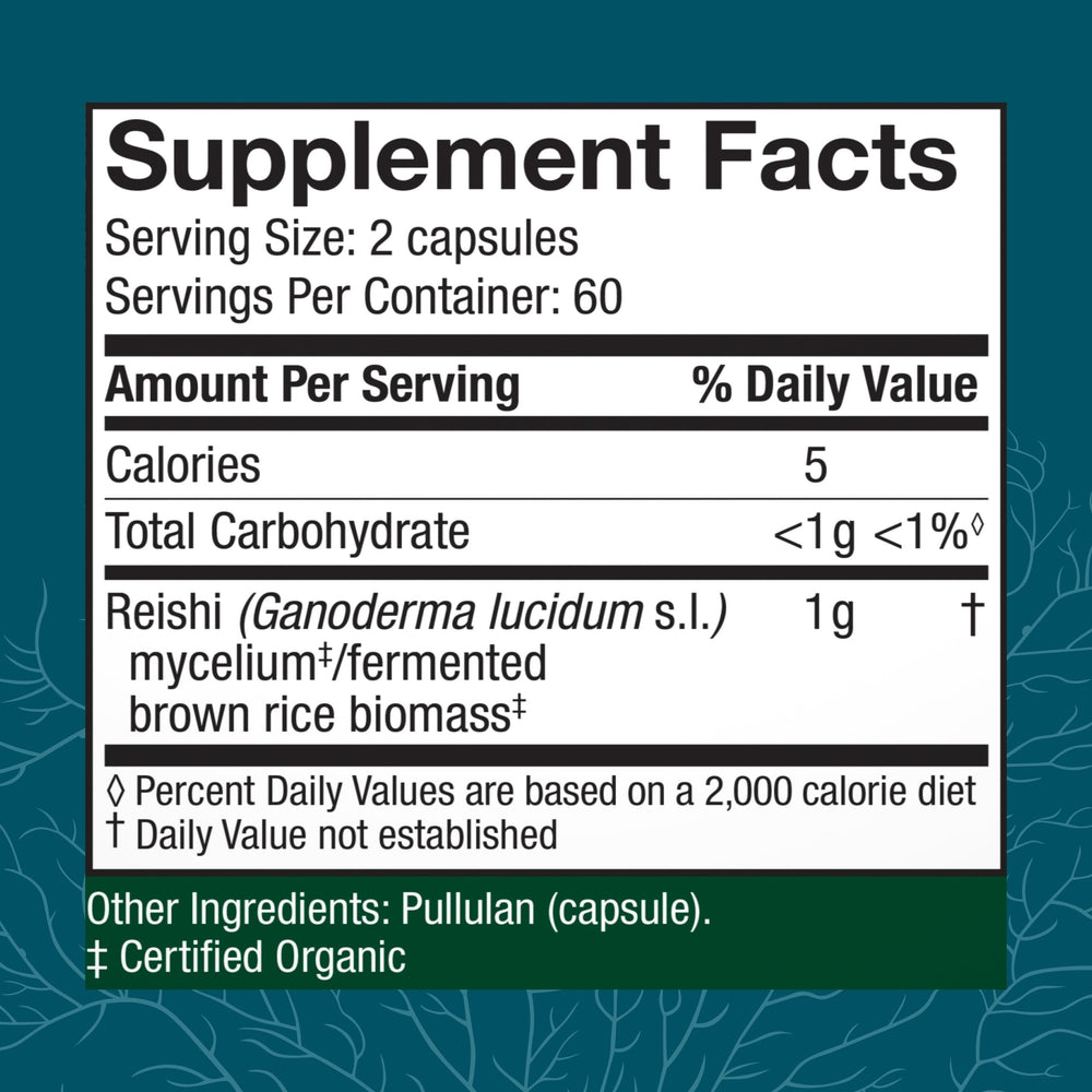 Host Defense Reishi capsules bottle back shows label details and usage guidance.