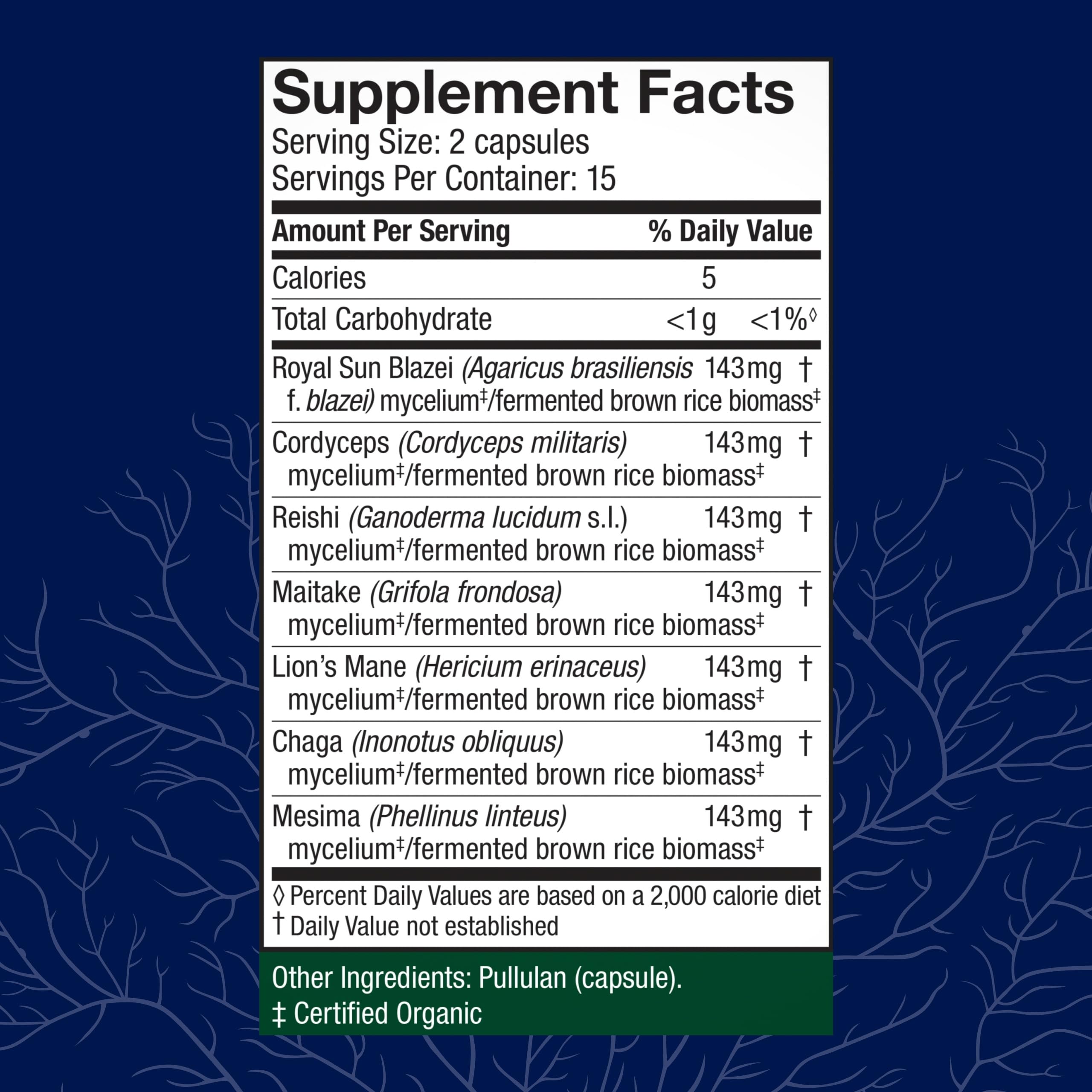 Capsules of Stamets 7-7 mushroom supplement