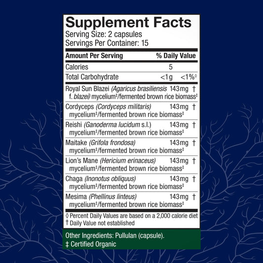 Capsules of Stamets 7-7 mushroom supplement