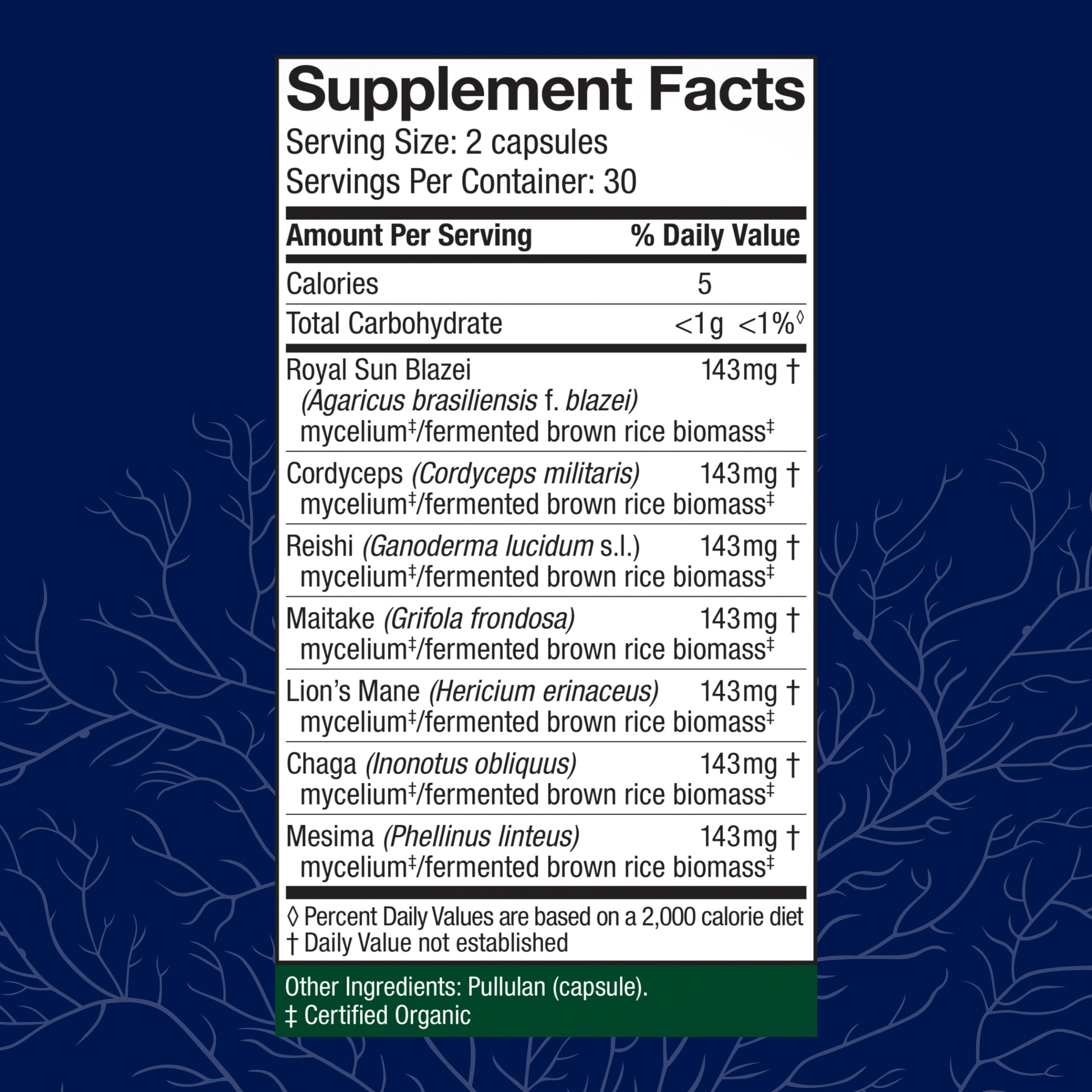 Capsules of Stamets 7-7 mushroom supplement