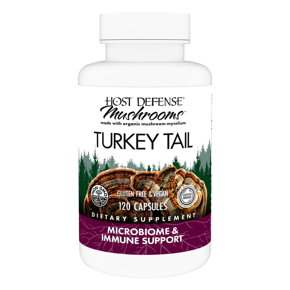 Host Defense Turkey Tail capsules bottle, supporting digestive comfort and immune health.