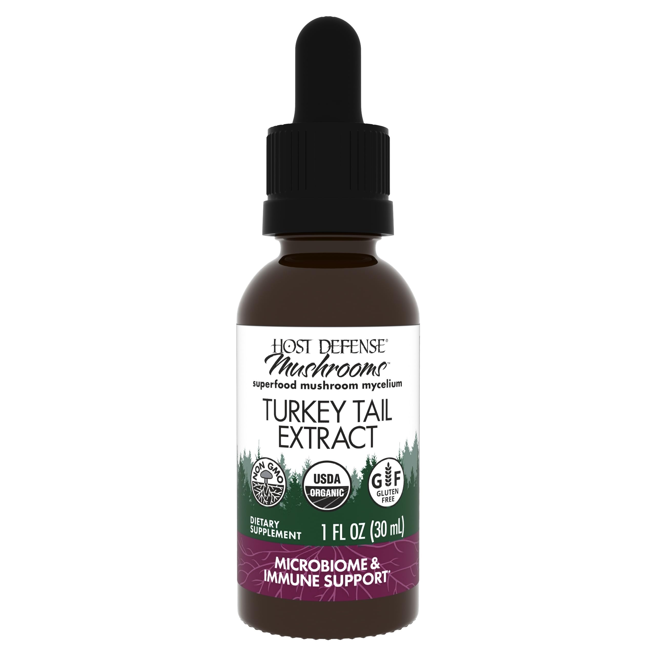 Host Defense Turkey Tail Extract bottle with dropper on white background
