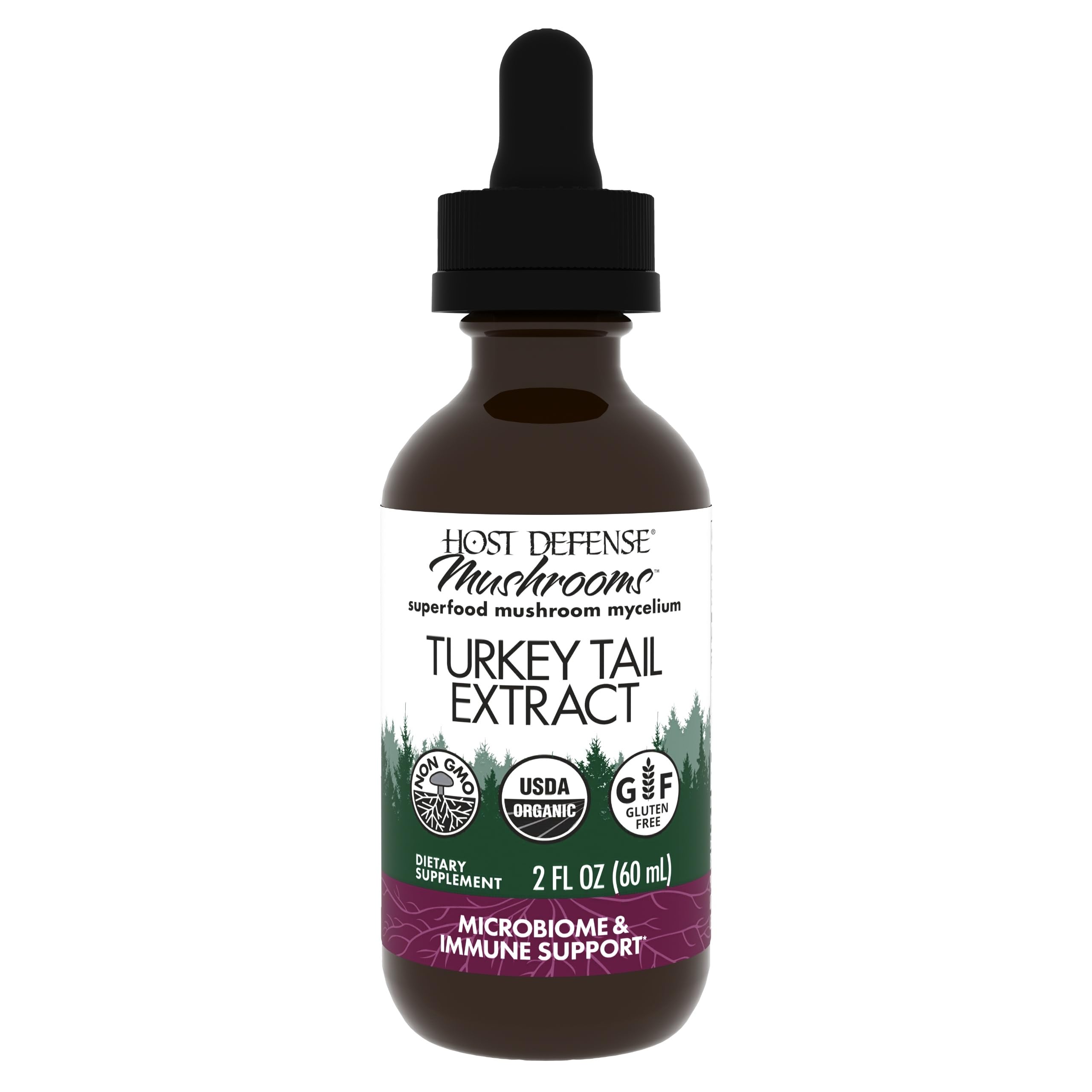 Host Defense Turkey Tail Extract bottle with 2 oz label (60 servings)