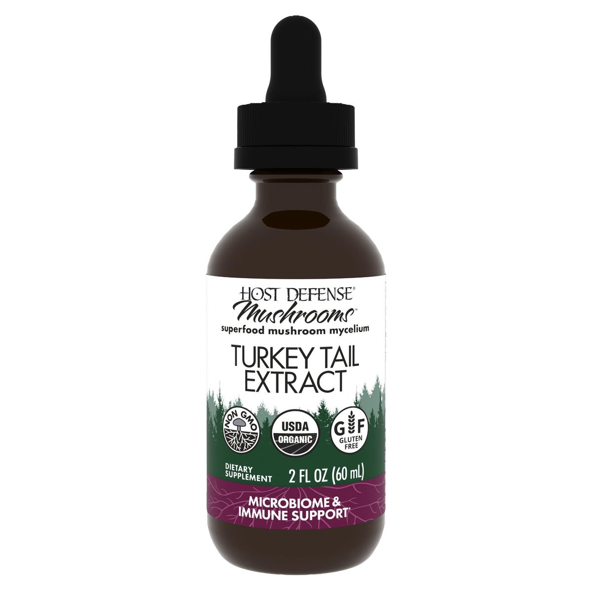 Host Defense Turkey Tail Extract bottle with 2 oz label (60 servings)