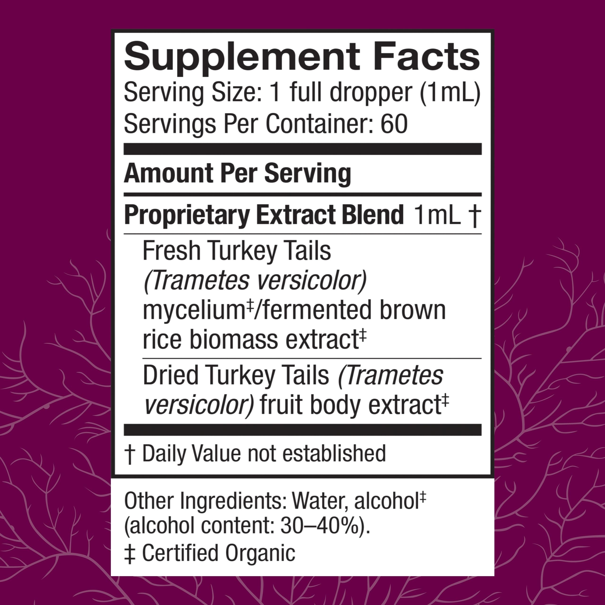 Back of Host Defense Turkey Tail Extract bottle label showing product information