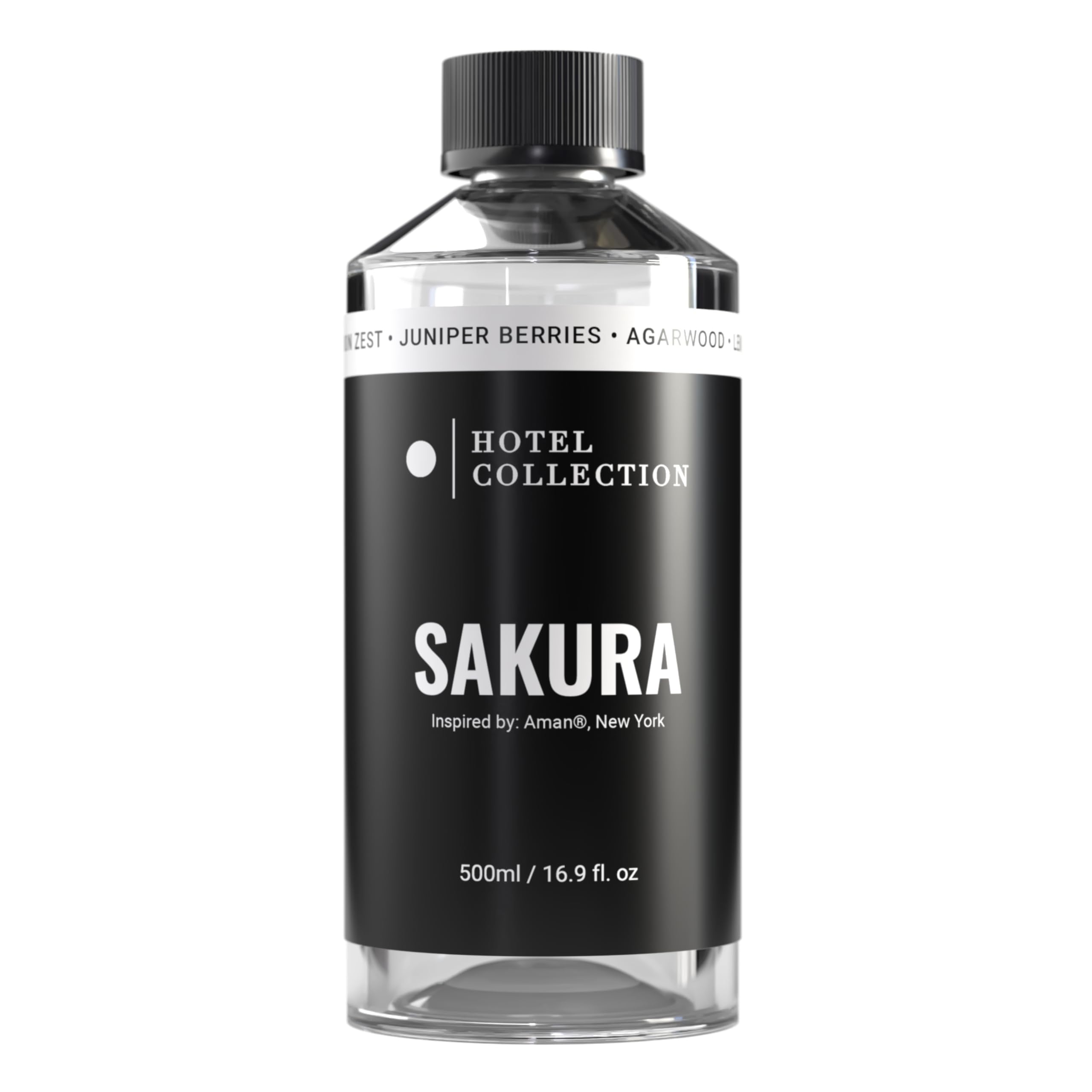 Hotel Collection Sakura diffuser oil bottle highlights calming Sakura scent for all-day ambiance.
