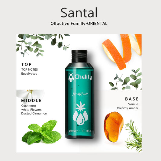 Santal diffuser oil bottle with label and dropper cap