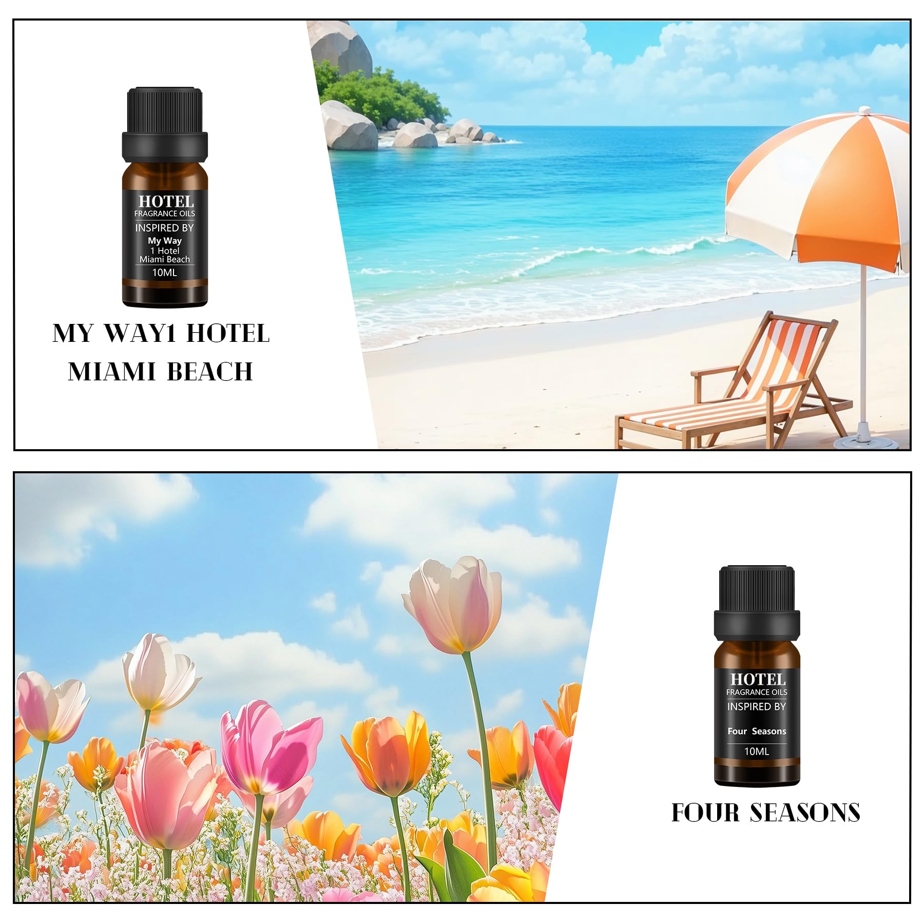 Assorted fragrance bottles inspired by Seaside hotel scents