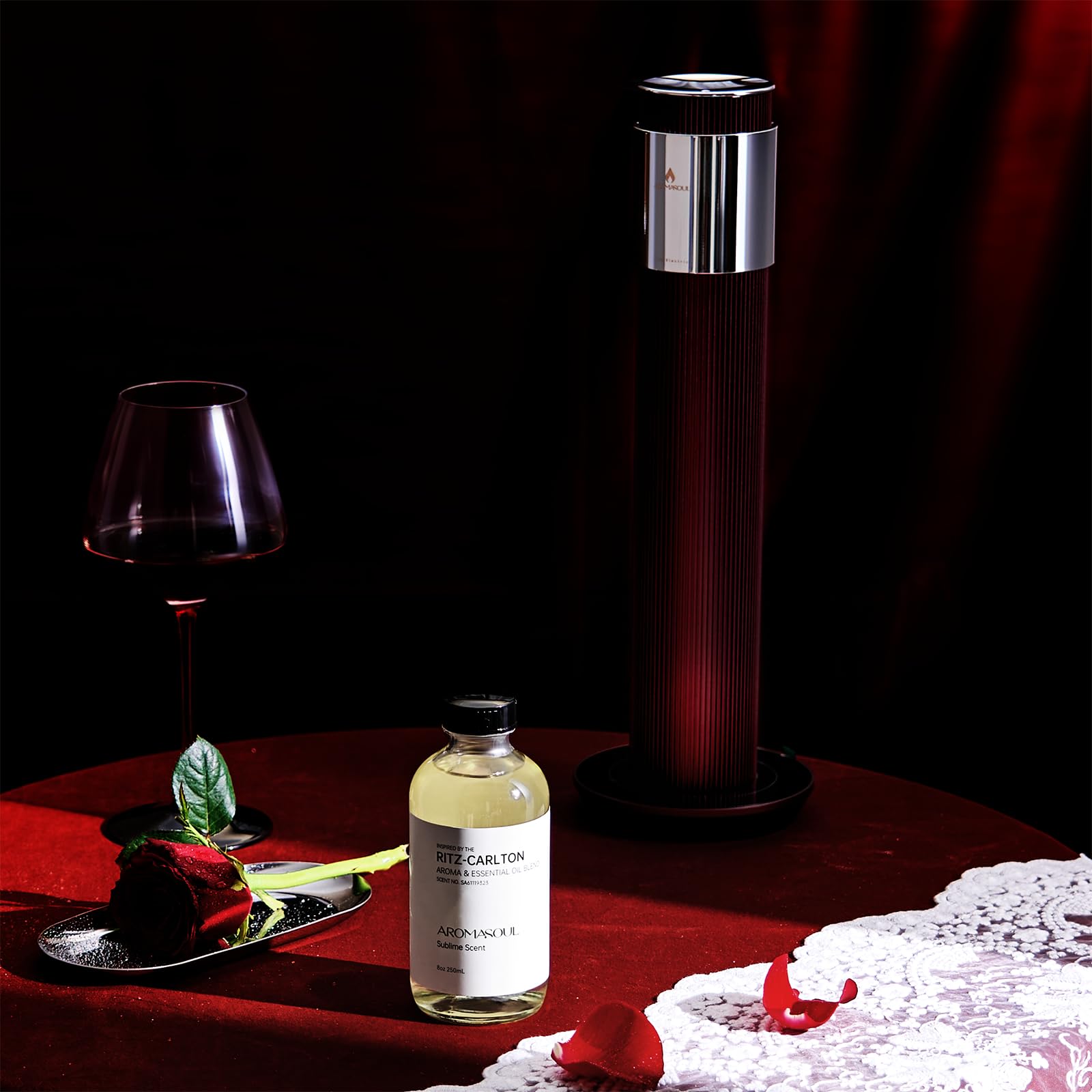 Room scene with diffuser emitting fragrance in living space