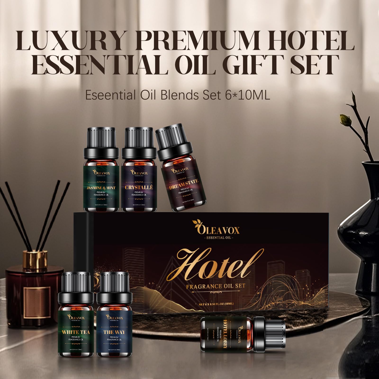 Lifestyle scene showing a diffuser with luxury hotel-inspired ambiance