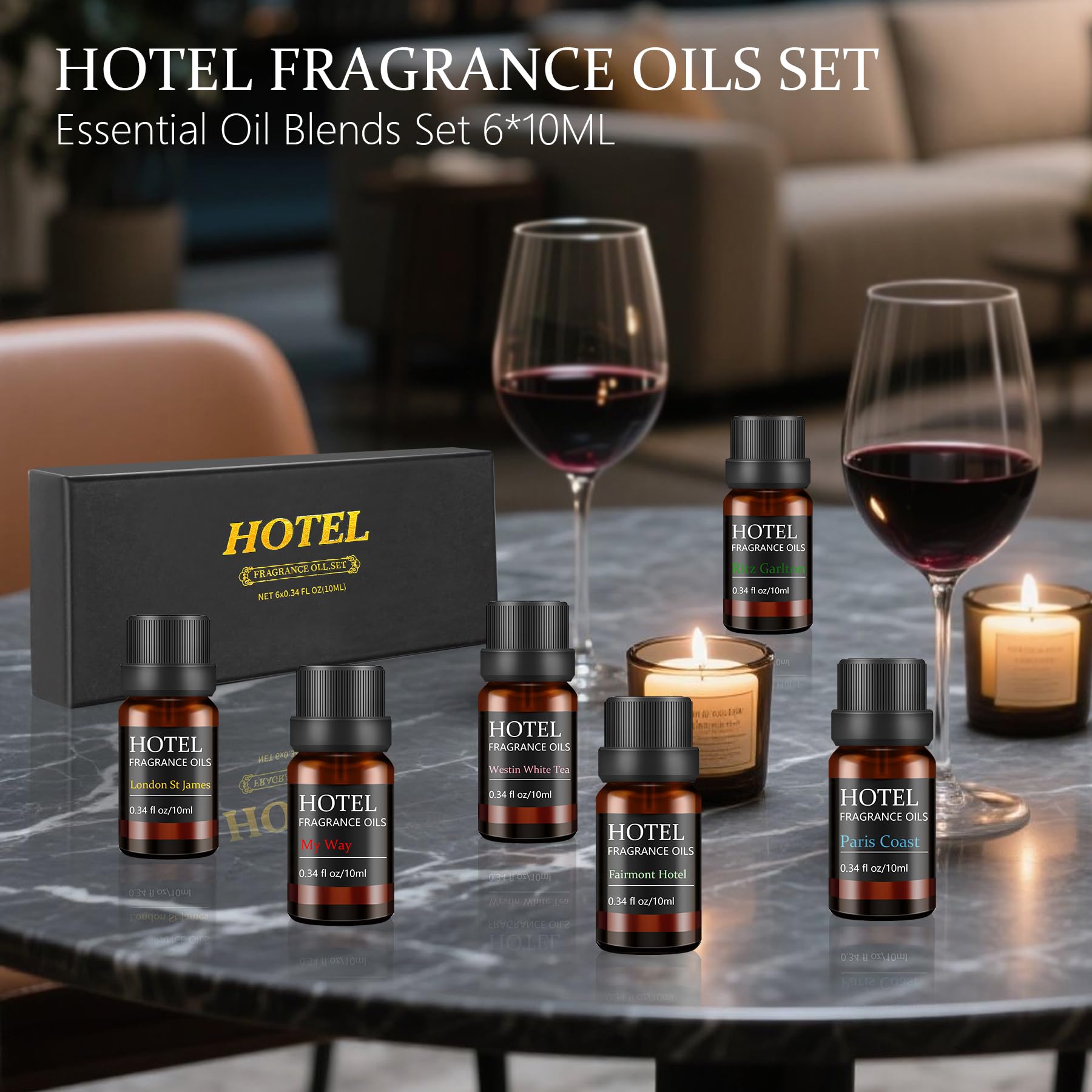 Six-piece hotel fragrance oil set for diffusers, soaps and candles