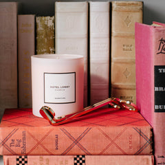 Side view of Hotel Lobby Signature Candle with reusable vessel