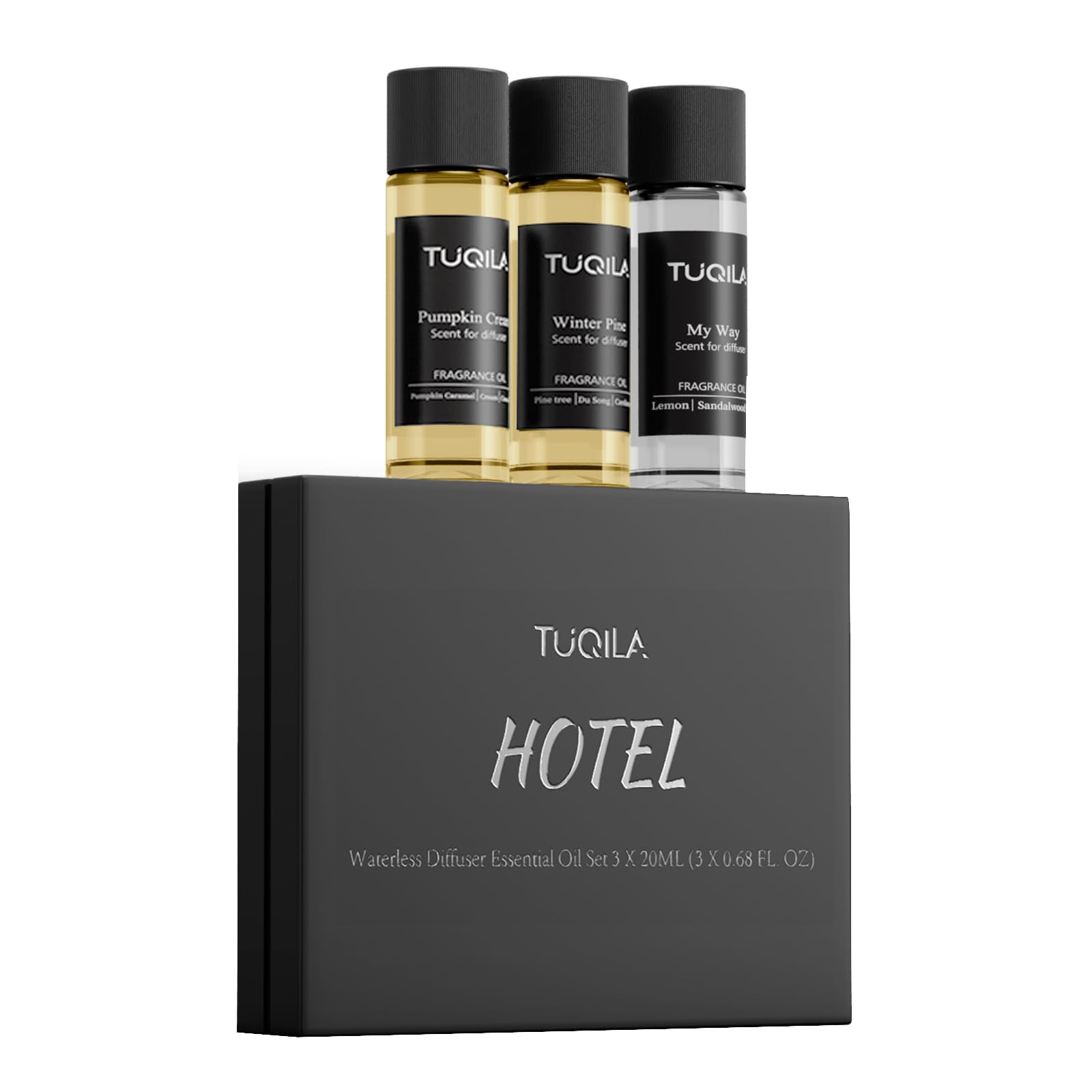 Three 20ml diffuser oil bottles from Hotel Luxury Essential Oil Set displayed