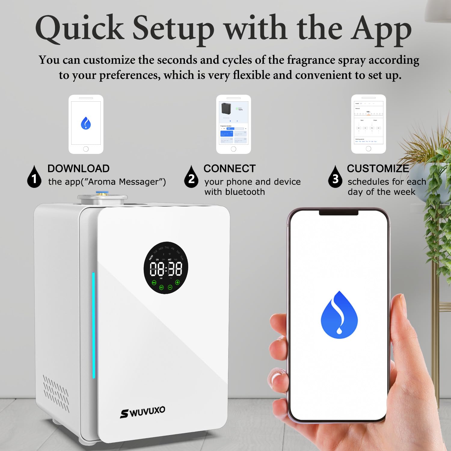 Diffuser control: touch screen and Bluetooth app