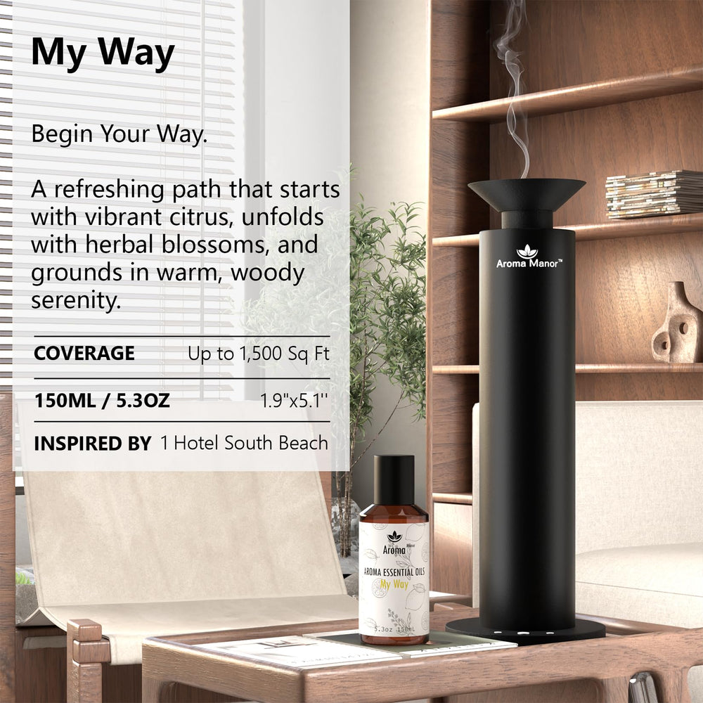 Diffuser oil bottle labeled My Way on a wooden surface