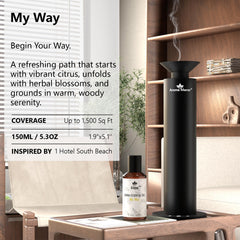 Diffuser oil bottle labeled My Way on a wooden surface